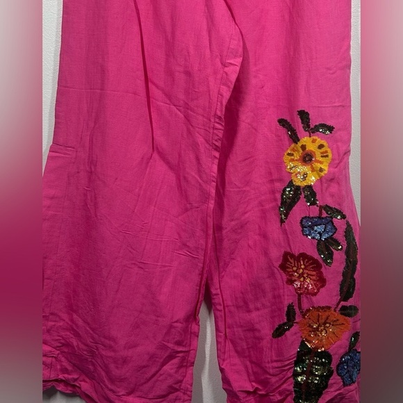 Boston Proper Floral Embellished Linen Pant Pink Multi Colored Sequins Size 12 - Picture 2 of 11